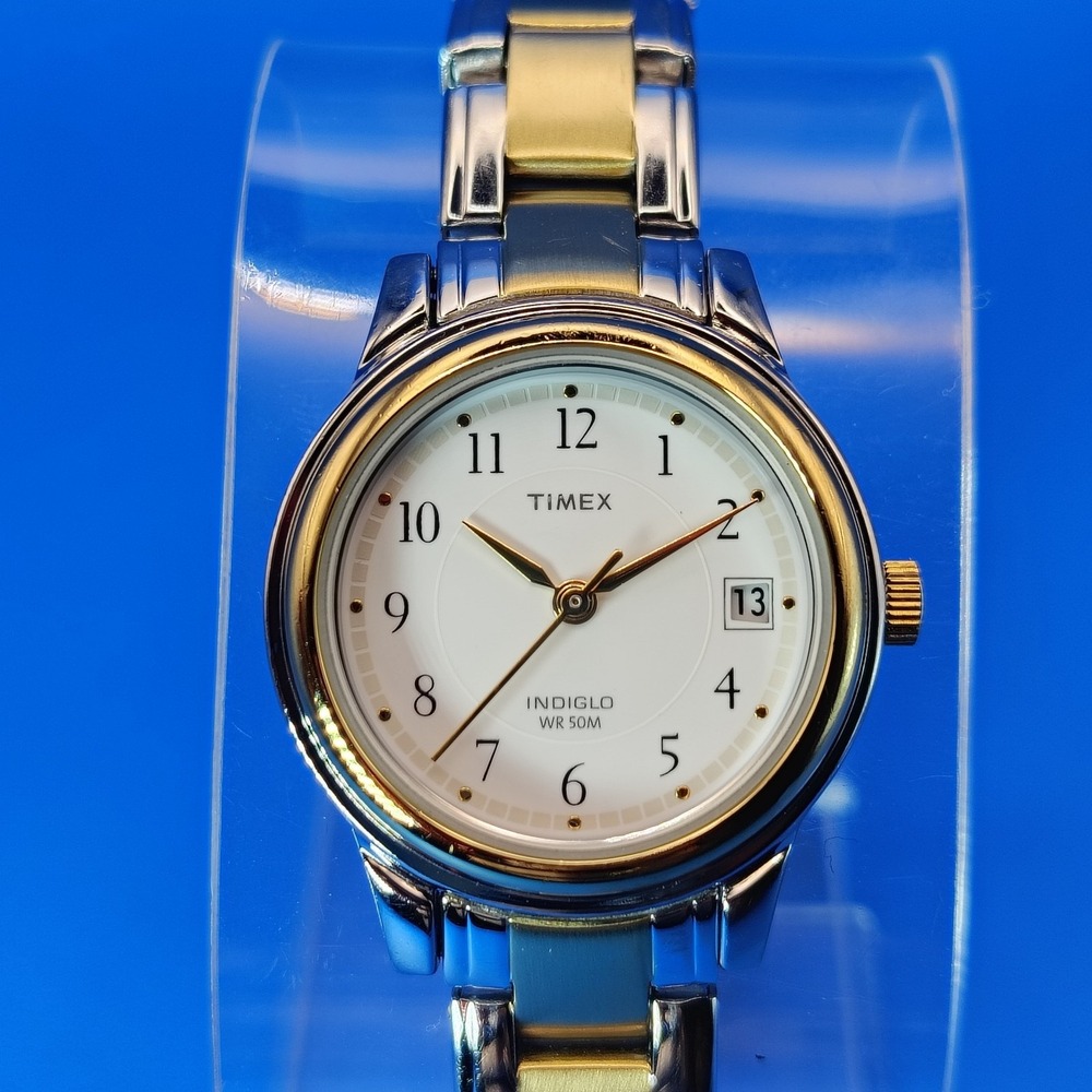 Vintage 2002 Timex Indiglo Date Two Tone 26mm Women's Quartz Watch Restored